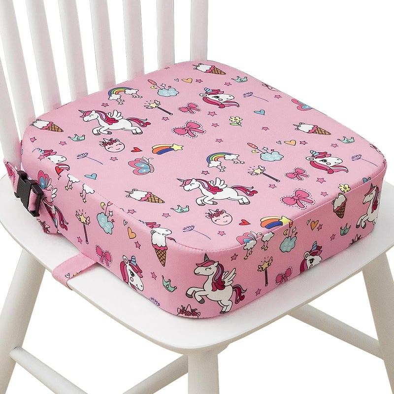 Eiury Toddler Booster Seat for Dining Table, Portable Kids Booster Seat with Safety Buckles Portable Increasing Booster Cushion with Non-Slip Bottom (Pink Unicorn) - Image 1
